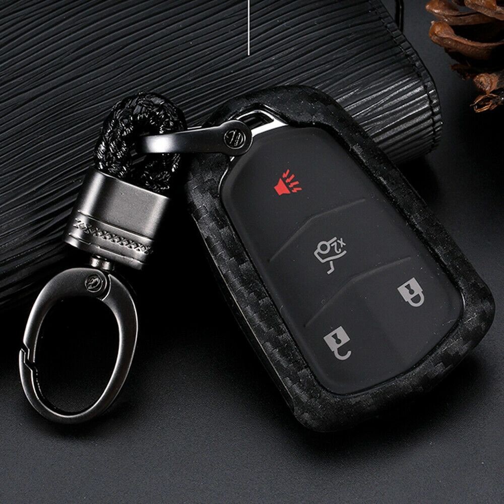 CADILLAC KEY FOB SOFT CARBON FIBER COVER WITH KEY CHAIN